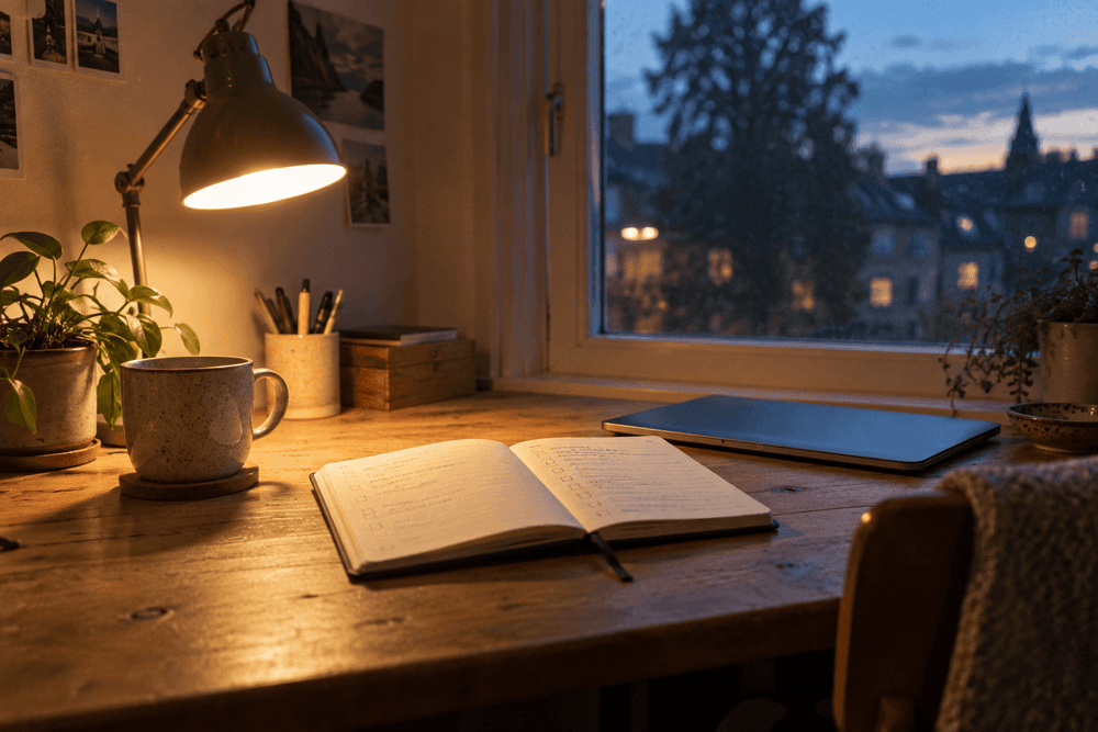 A desk by a window in early evening light with a closed laptop, an open planner with blurred handwriting, a mug and a desk lamp just switched on.