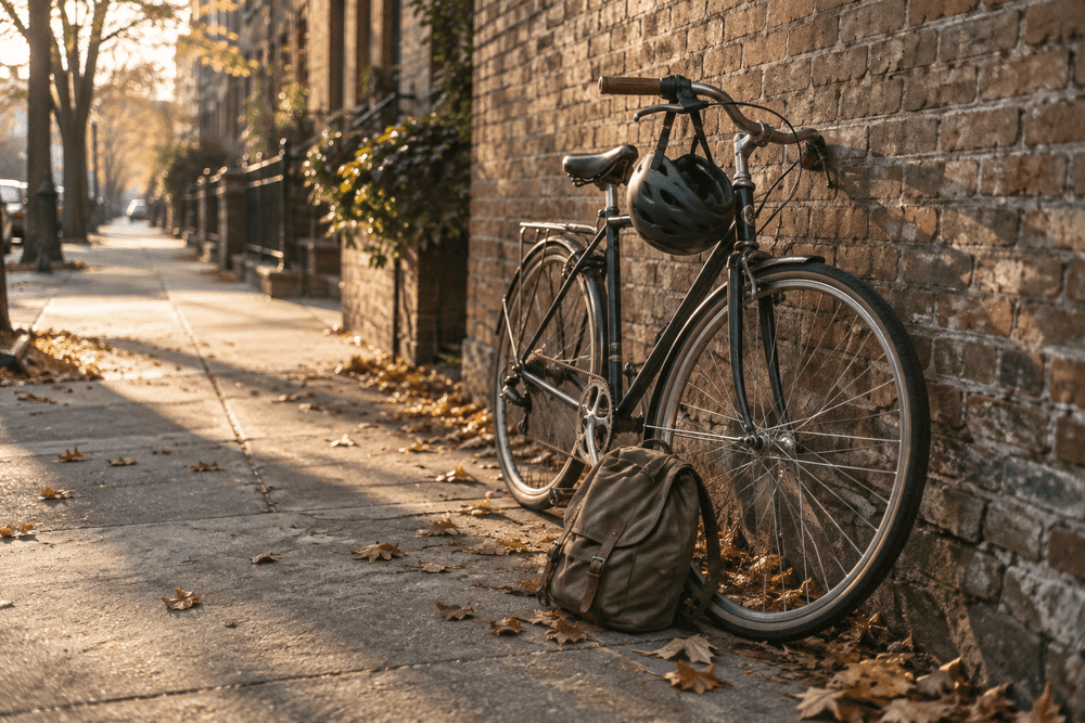 A bicycle leaning against a brick wall in early morning light, with a helmet hanging from the handlebar and a small backpack resting on the ground beside it.