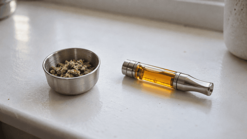 Two unbranded objects side by side on a white bench: a small open metal herb chamber holding ground cannabis flower, and a plain glass oil cartridge filled with amber liquid.