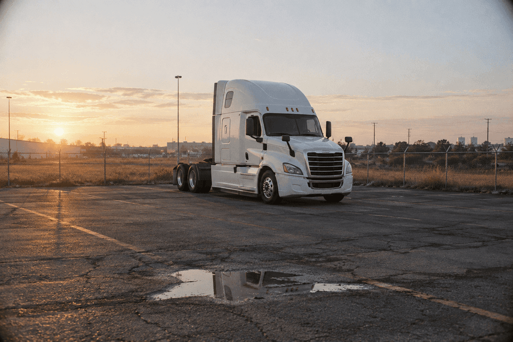 An unbranded white semi-truck cab parked alone in a quiet freight yard at early morning, empty asphalt and a chain-link fence behind it.