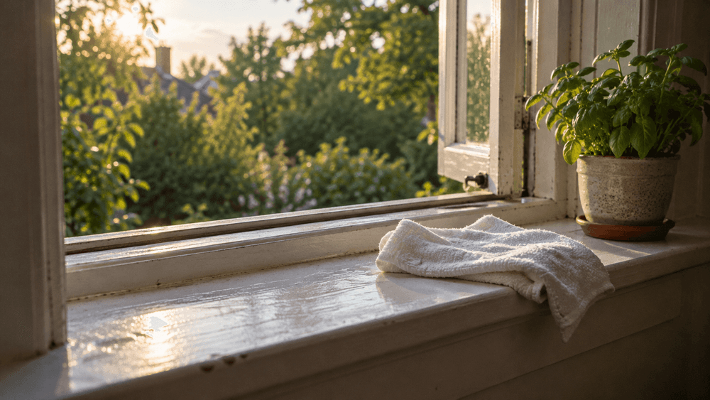 A damp cotton cloth resting on a freshly wiped wooden windowsill in morning sun, an open window behind it and a small potted herb on the sill.