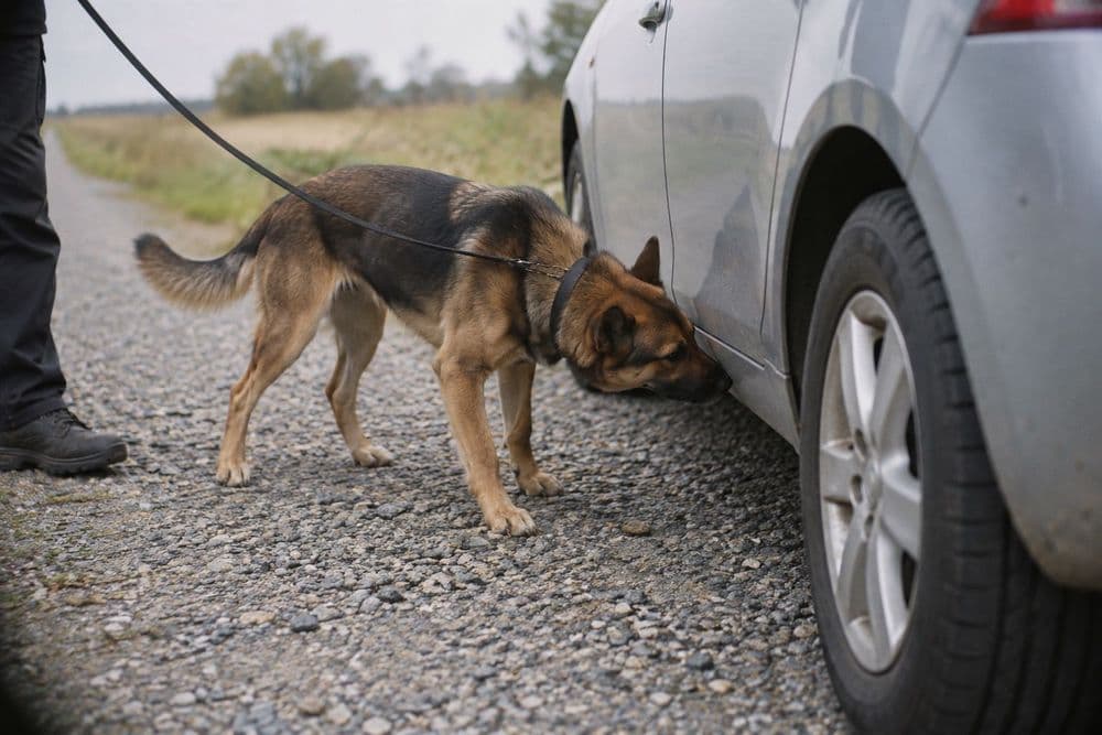 A leashed detection dog sniffing along the lower edge of a parked car's door on a roadside, with only the handler's boots and trouser legs in frame.