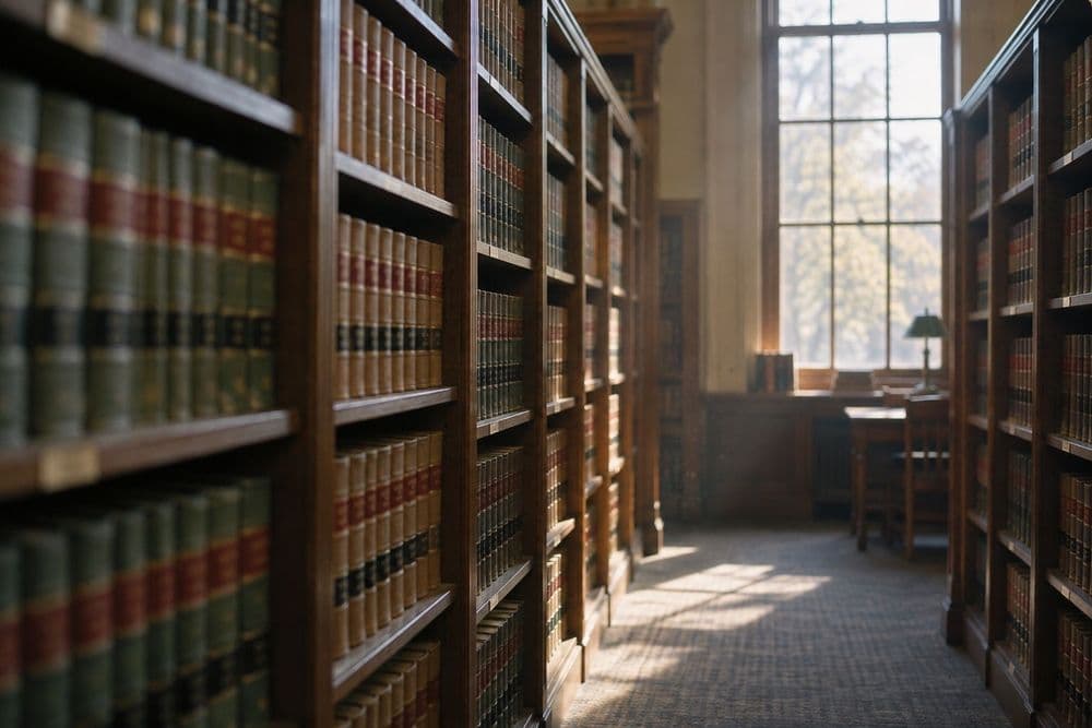 Rows of bound law reports on tall wooden library shelves, lit by soft afternoon light from a tall window.