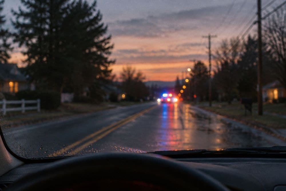 A quiet two-lane road at dusk seen through a car windshield, with the soft blue and red glow of a police light bar far ahead and out of focus.