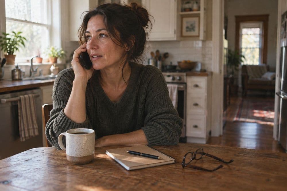 An adult sitting at a kitchen table in morning light, talking on a phone with a pen resting on a closed notebook and a pair of reading glasses beside a mug.