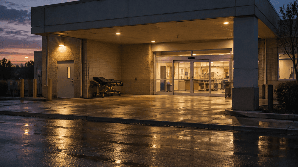 The ambulance entrance of a hospital emergency department at dusk, an empty stretcher bay under warm lights with automatic glass doors in the background.