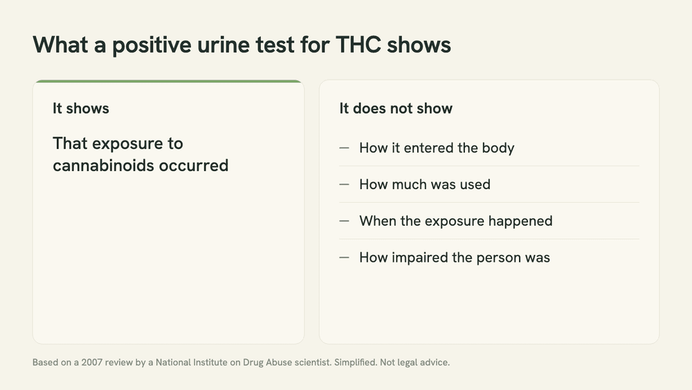 Two-column graphic: a positive urine test for cannabinoids shows that exposure occurred, but not how the drug entered the body, how much was used, when, or the degree of impairment.