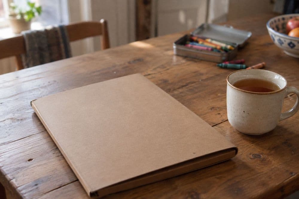 A closed plain folder, a mug of tea and a small tin of crayons on a wooden kitchen table in soft morning light.