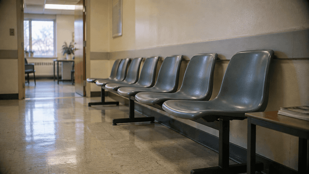 A row of empty plastic chairs along a pale wall in a plain government office waiting area, lit by overhead fluorescent light and a window at the far end.