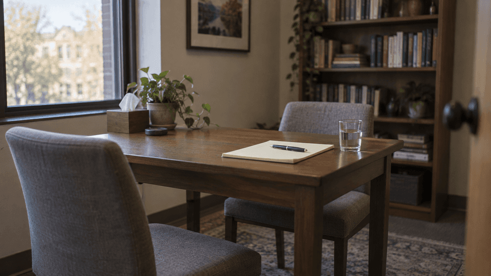 Two empty chairs facing each other across a small wooden table with a blank legal pad and a pen, in a quiet office lit by a tall window.