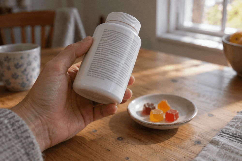 A hand holding a plain white gummy jar tilted toward window light, its back panel of blurred small print facing the camera, with four gummies in a ceramic saucer on the wooden table below.