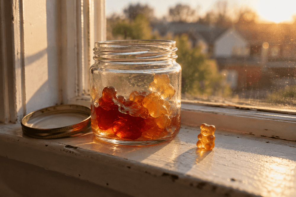 An open, unlabeled glass jar on a sunlit windowsill holding red and amber gummies that have softened and fused into one glossy mass, with a single intact gummy bear on the sill beside it.