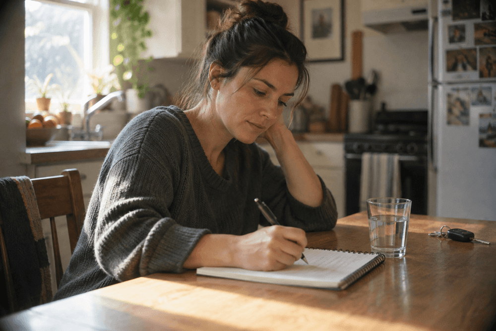 An adult at a kitchen table writing a handwritten list in a notebook, with a glass of water nearby and a set of car keys pushed to the far edge of the table.