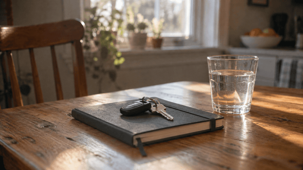 A set of car keys lying on a closed notebook on a kitchen table in morning light, next to a glass of water.