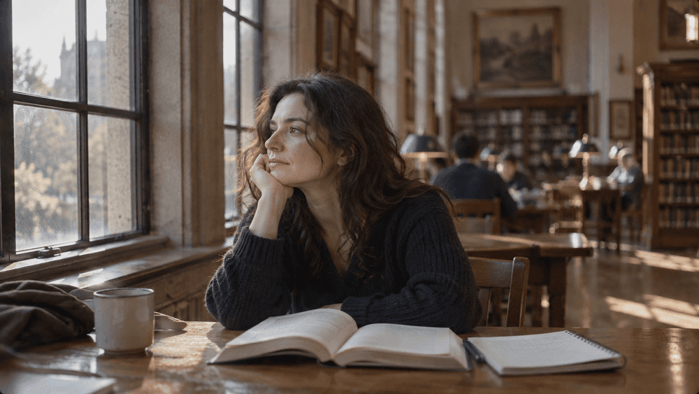 An adult woman at a wooden library table resting her chin on one hand and looking out a tall window, an open book and a notebook in front of her.