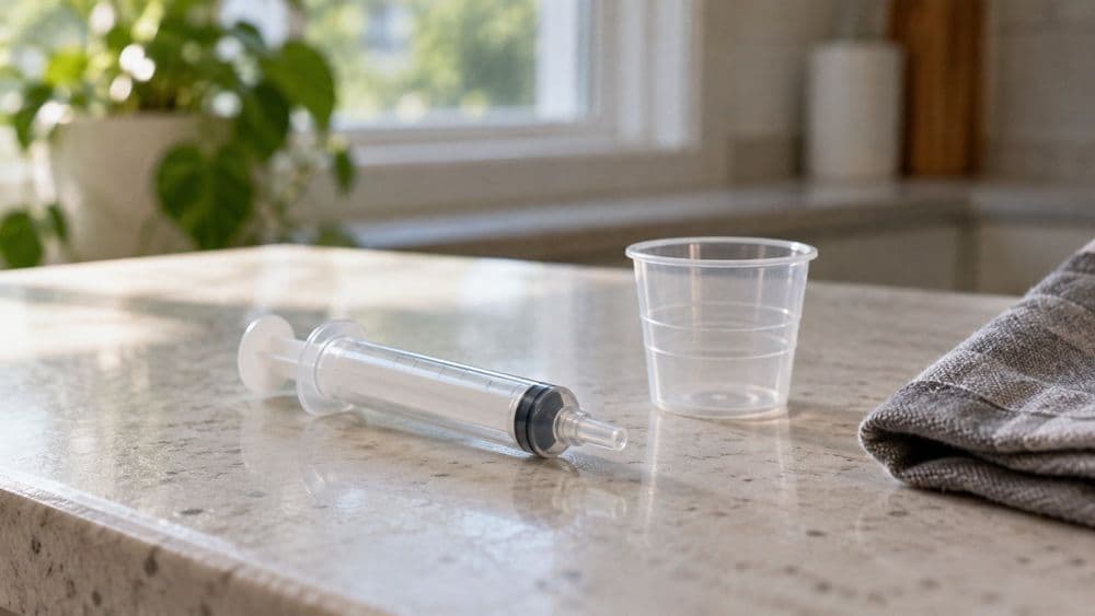 An empty plastic oral dosing syringe and a small clear dosing cup with molded measurement lines on a light stone kitchen counter, beside a folded grey cloth napkin.
