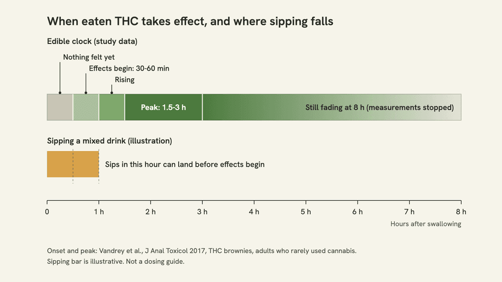 Timeline from 0 to 8 hours showing effects of eaten THC beginning at 30 to 60 minutes and peaking at 1.5 to 3 hours, with a shaded bar showing that sips taken during the first hour can land before effects begin.
