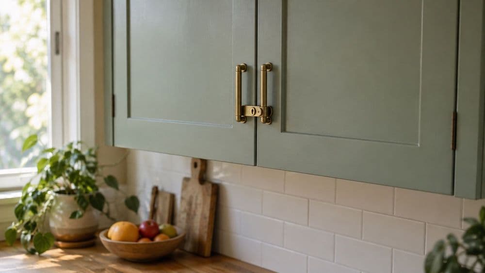 A high sage-green kitchen wall cabinet with its doors closed and a small brass lock bridging the two door handles, above a tidy counter with a fruit bowl, in soft daylight.