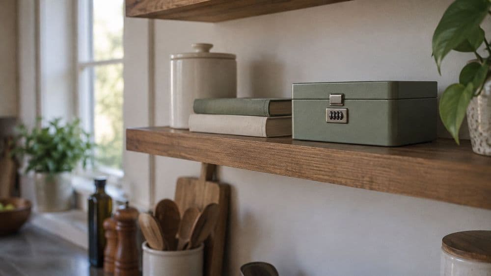 A small closed lockable storage box with a simple combination lock, sitting on a high wooden shelf above a tidy home counter, in soft daylight.