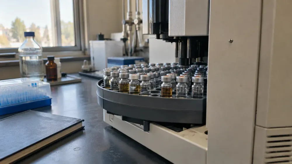 Rows of small capped glass sample vials in the tray of a laboratory autosampler beside a gas chromatography instrument, in daylight.