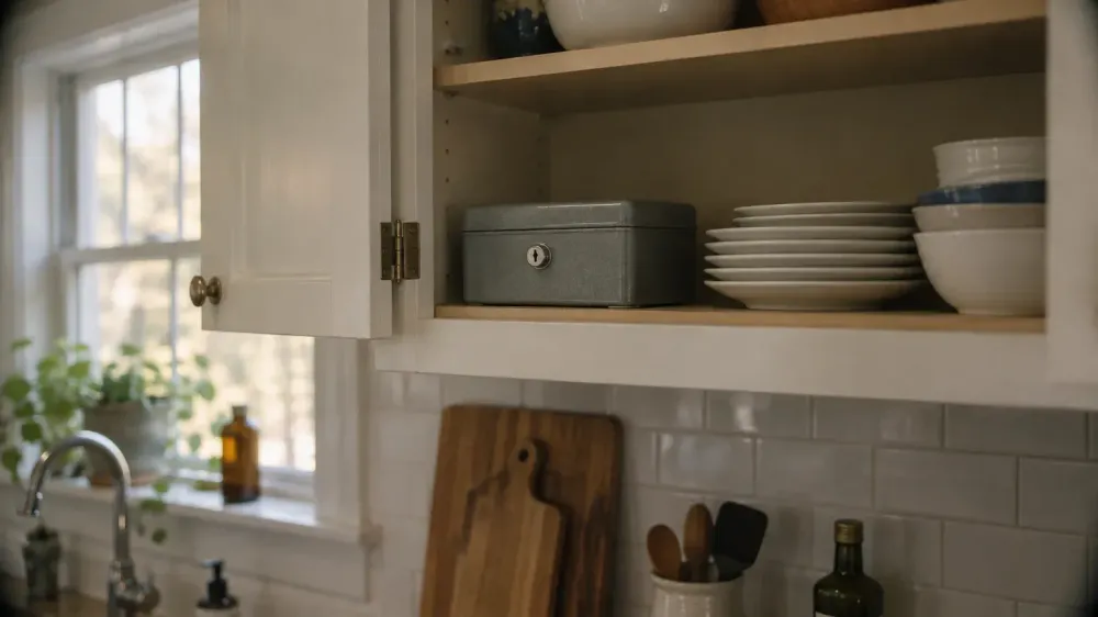 A small locked metal medicine box on the top shelf of a kitchen cabinet, out of a child's reach, beside neatly stacked plates in soft window light.