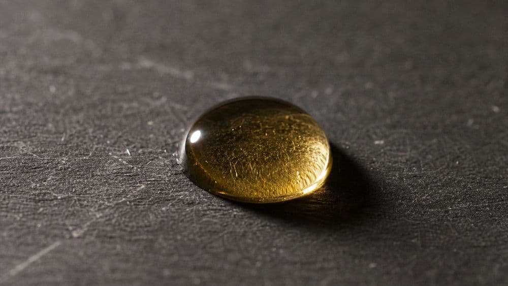 Macro photograph of a single drop of golden oil resting on a dark slate surface, lit from the side so the drop reads as a small dome.