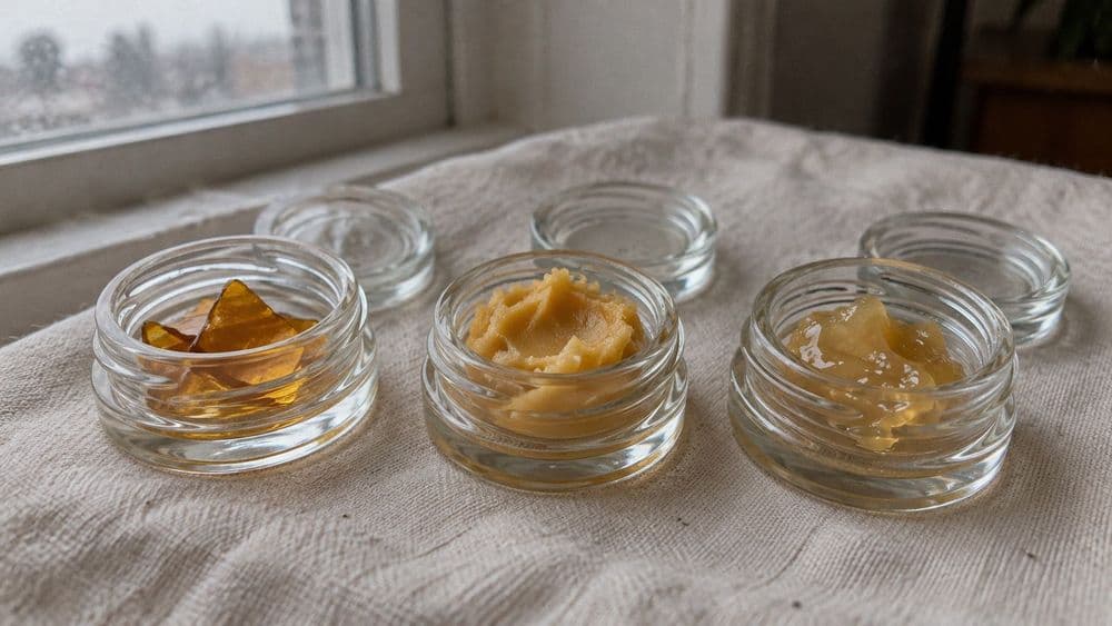 Three small open glass jars on a linen cloth by a window holding amber glass-like shatter, a creamy golden budder and a glossy pale-gold rosin, their glass lids set behind them.