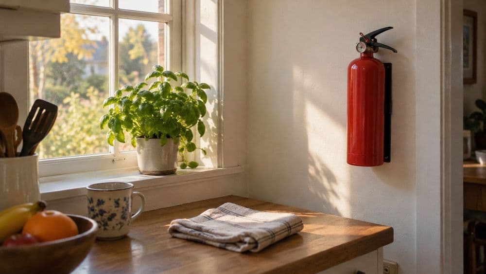 A red fire extinguisher mounted on a pale wall beside a tidy home kitchen counter, with afternoon window light and a basil plant on the sill.
