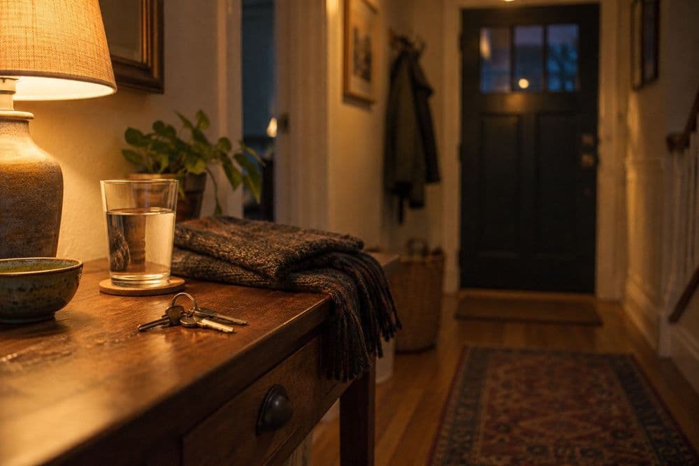 A set of keys resting on a wooden hallway table next to a glass of water and a folded knit scarf, in warm evening lamplight, with a front door softly out of focus behind.