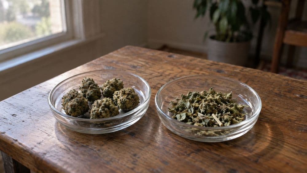 Two plain glass dishes on a wooden table: one holds several small whole dried buds, the other a loose mix of broken bud, leaf bits and fine pale resin dust.