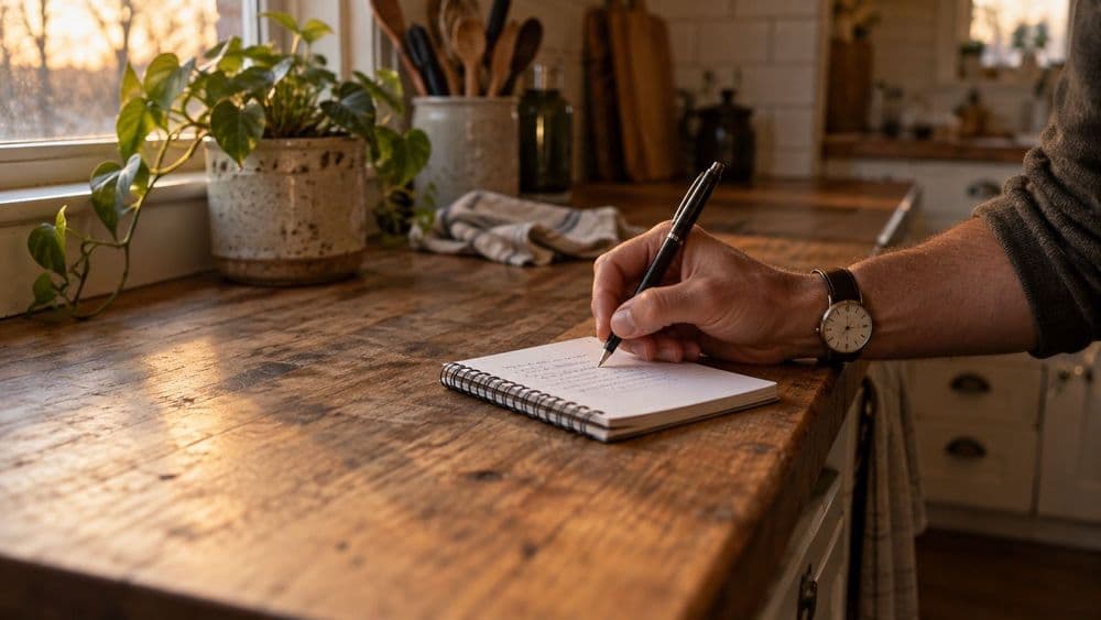 A hand writing a short note on a small spiral notepad on a wooden kitchen counter in warm evening light, a plain wristwatch visible on the wrist.