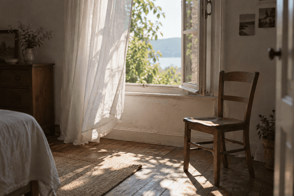 An open window with a sheer white curtain lifting in a breeze, morning light falling across a wooden floor and an empty chair.