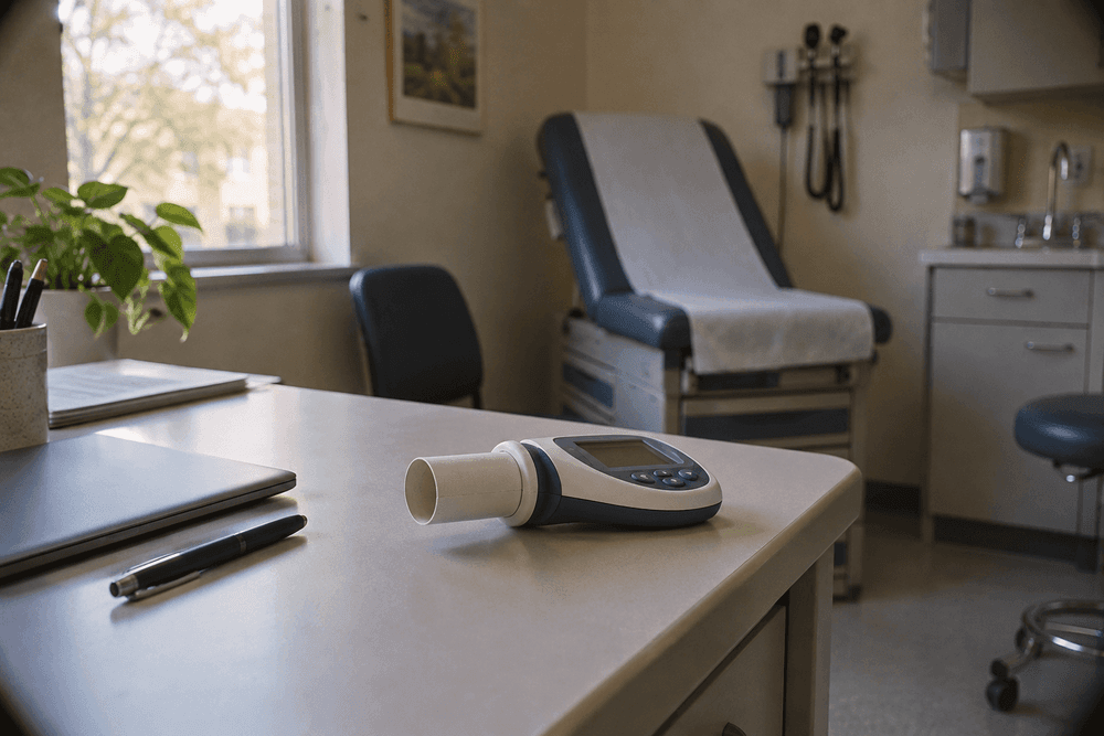 A quiet clinic exam room with a handheld spirometer and a disposable mouthpiece resting on a desk beside a closed laptop, soft daylight from a window.