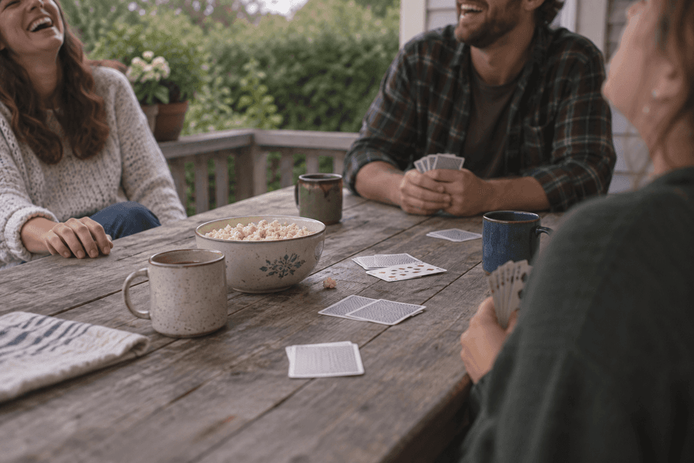 Three adults at a wooden table on a back porch in daylight with a half-finished card game and mugs, one leaning back laughing, faces cropped or softly out of focus.