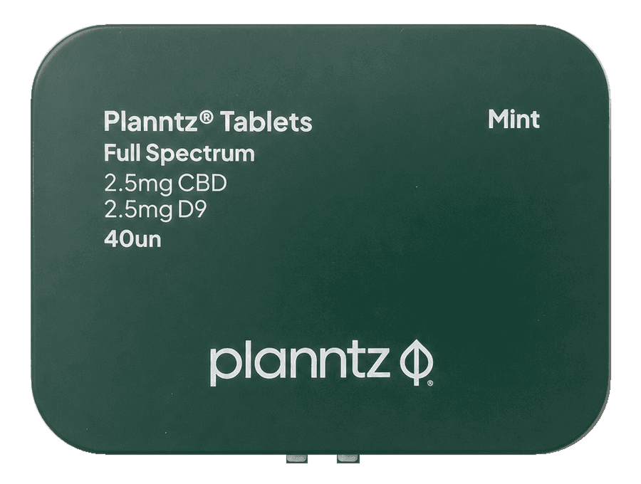 The lid of a dark green Planntz Full Spectrum Tablets tin in mint, printed with 2.5mg CBD, 2.5mg D9 and 40un.